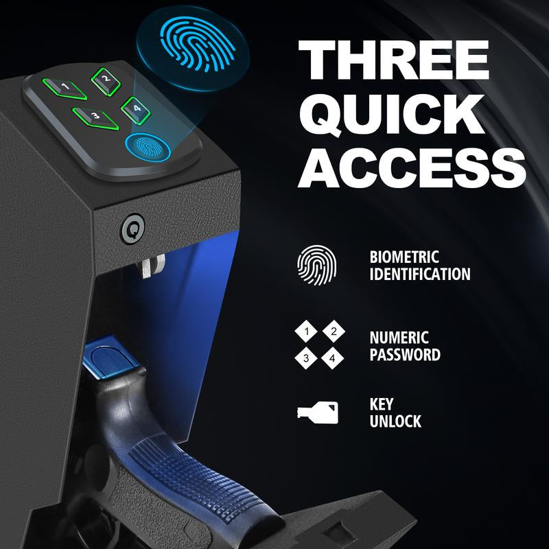 Biometric Mounted Gun Safe for Nightstand, Desk, Bed Side, Wall,Truck - Auto Open Hidden Handgun Safe-With Fingerprint, 4-Button Backlit Keypad, KEY